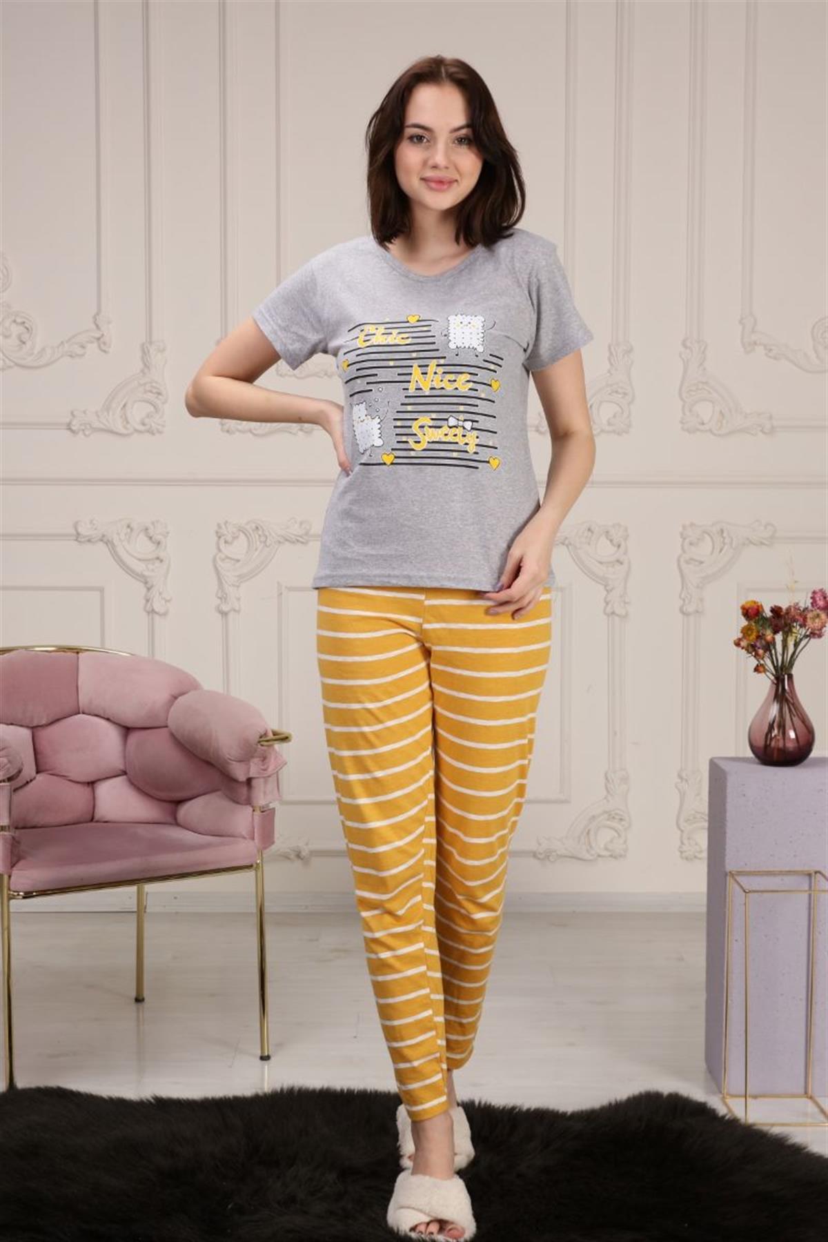 Pijama Takımı Kadın Baskılı Pijama Takımı Gri