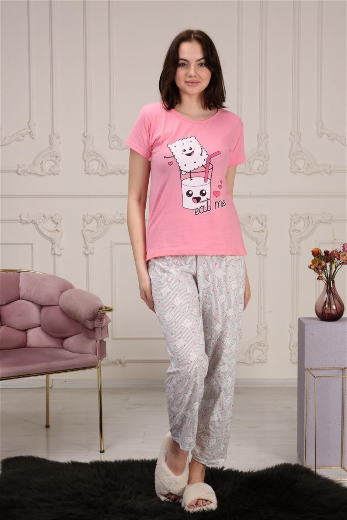 Pijama Takımı Kadın Baskılı Pijama Takımı Pembe