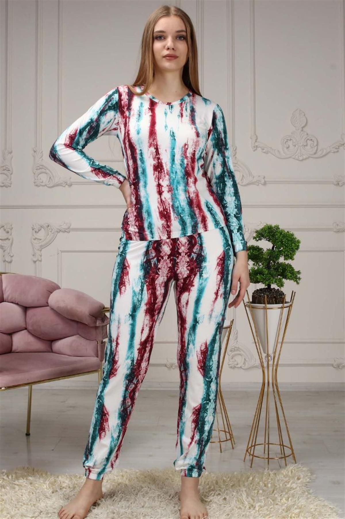 Pijama Takımı Kadın Batik Desen Beli Lastikli Eşofman Takımı Kırmızı
