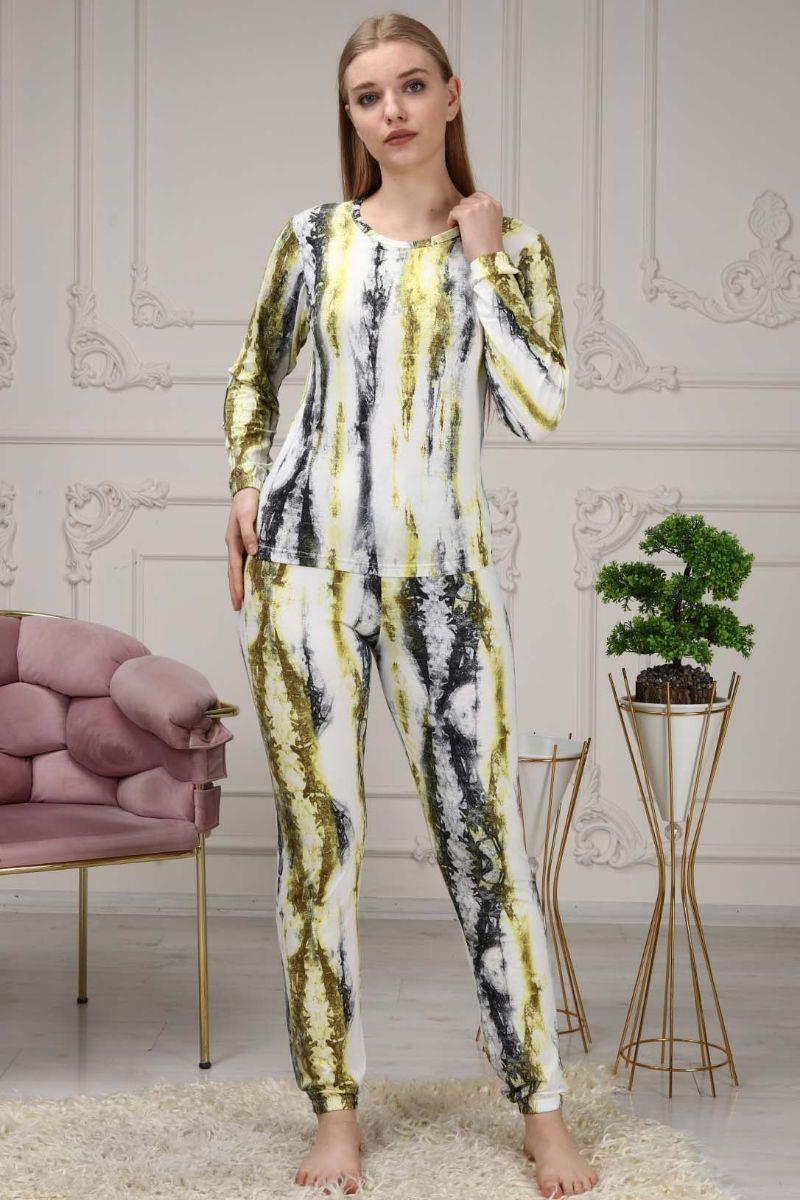 Pijama Takımı Kadın Batik Desen Beli Lastikli Eşofman Takımı Sarı