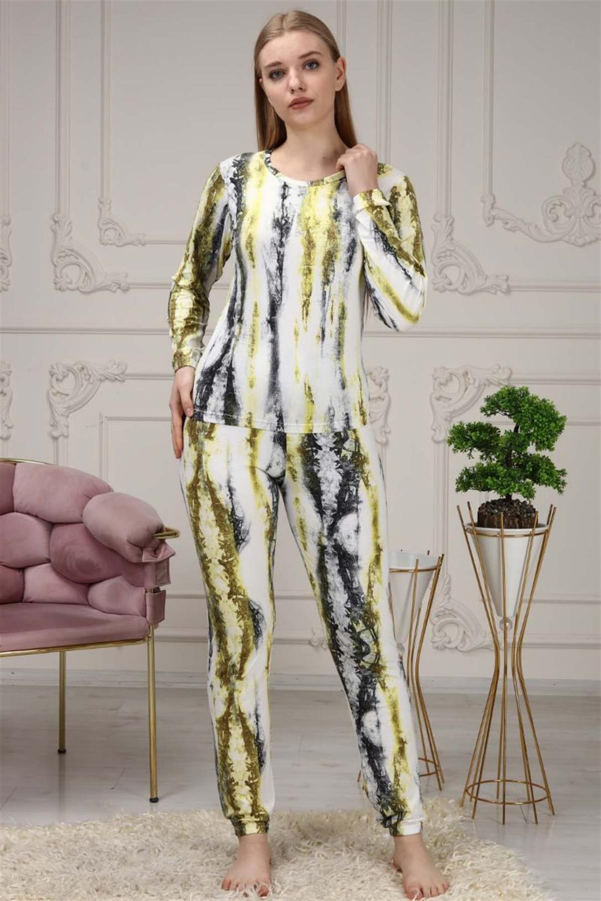 Pijama Takımı Kadın Batik Desen Beli Lastikli Eşofman Takımı Sarı