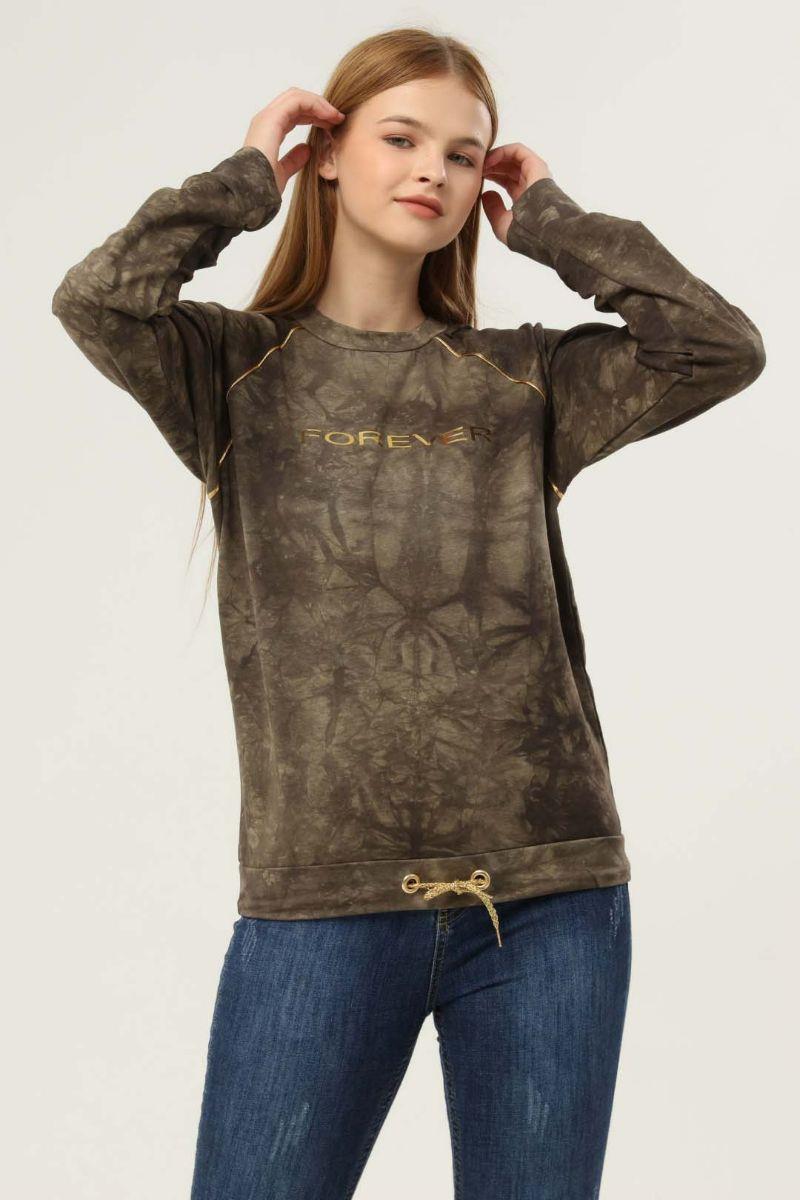 Sweatshirt Kadın Batik Desen Sweatshirt Haki