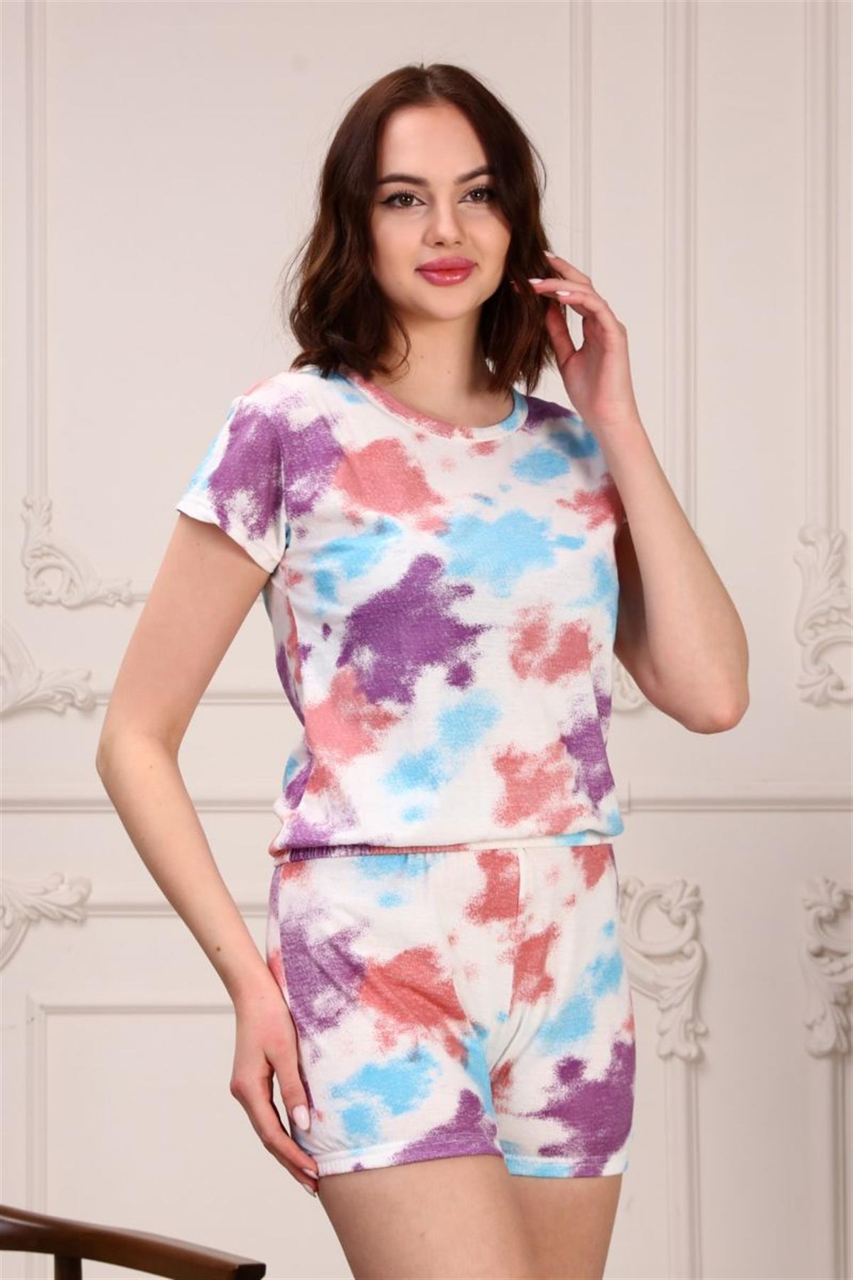Pijama Takımı Kadın Batik Desenli Lastikli Kısa Şortlu Pijama Takımı Mor