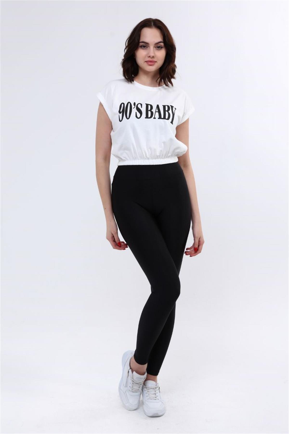Tshirt Kadın Beli Lastikli Crop T-Shirt Beyaz
