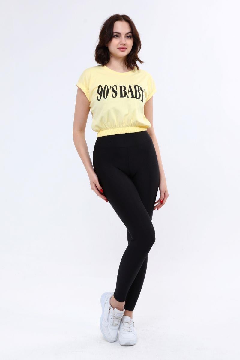 Tshirt Kadın Beli Lastikli Crop T-Shirt Sarı