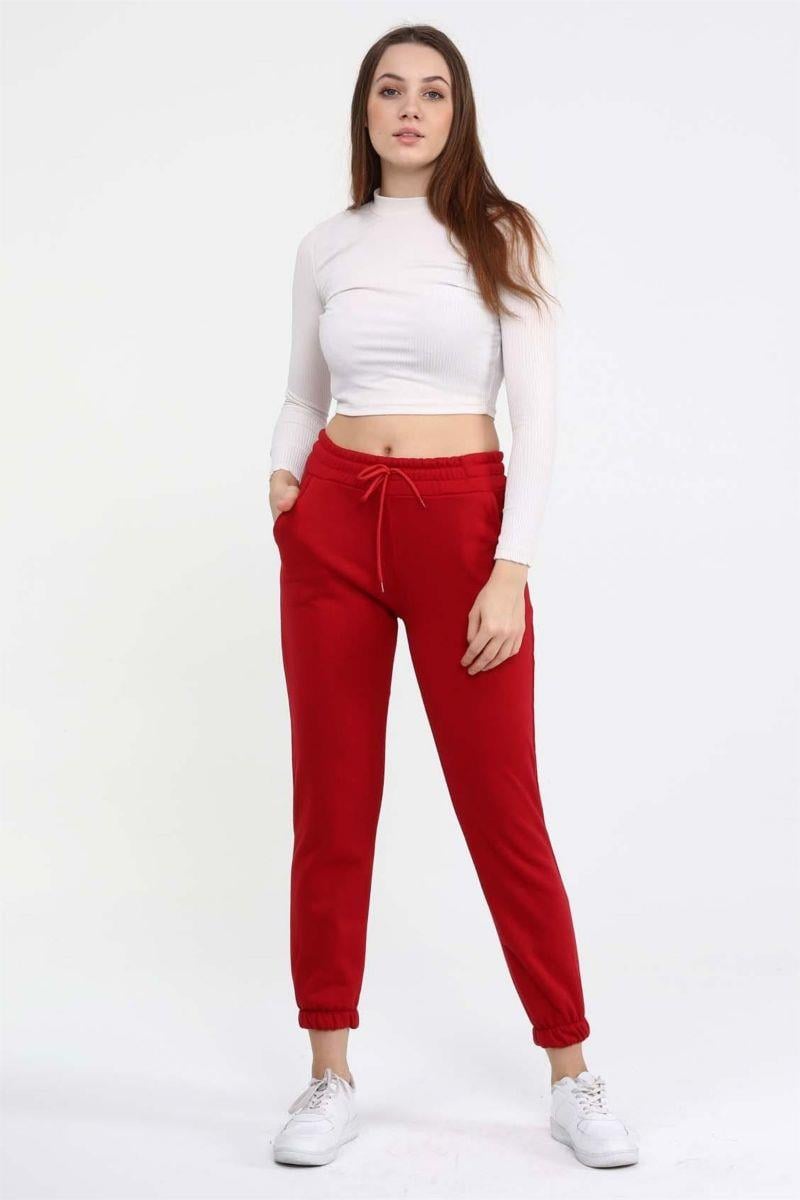 Eşofman Kadın Beli Lastikli Üç Iplik Kışlık Eşofman Altı Bordo