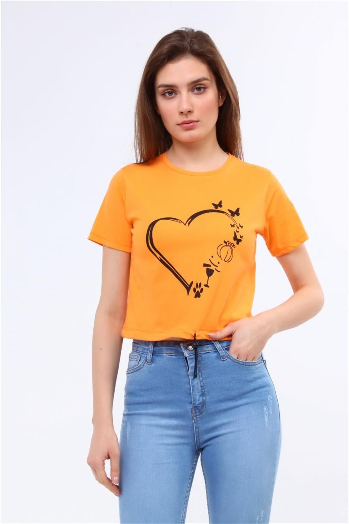 Tshirt Kadın Bisiklet Yaka Ayarlanabilir Ipli Crop T-Shirt Turuncu