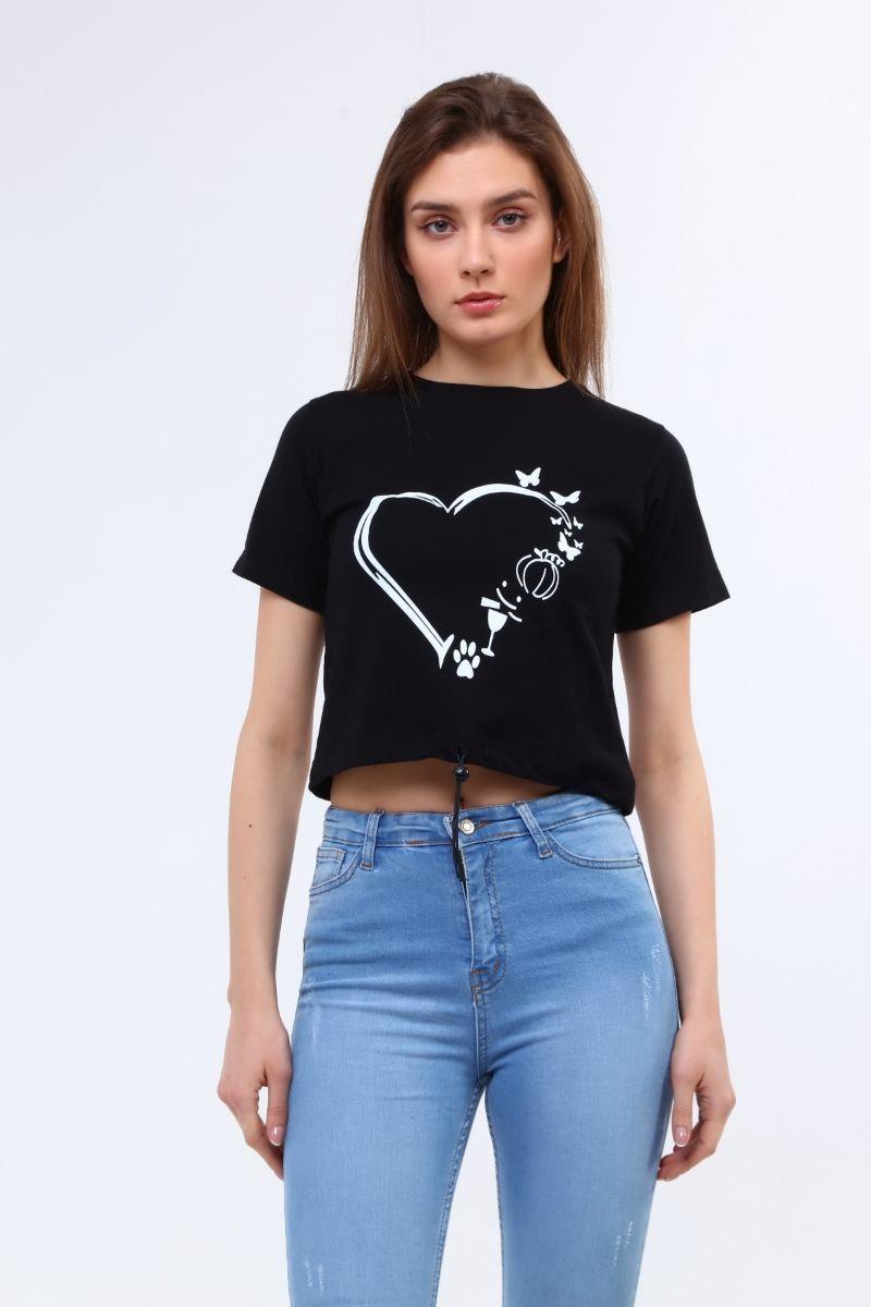 Tshirt Kadın Bisiklet Yaka Ayarlanabilir Ipli Crop T-Shirt Siyah
