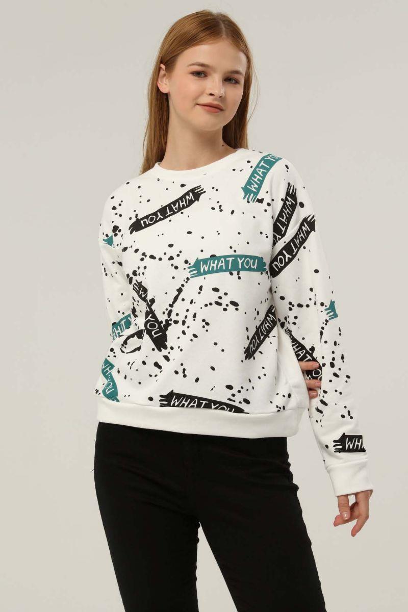 Sweatshirt Kadın Bisiklet Yaka Baskılı Sweatshirt Ekru