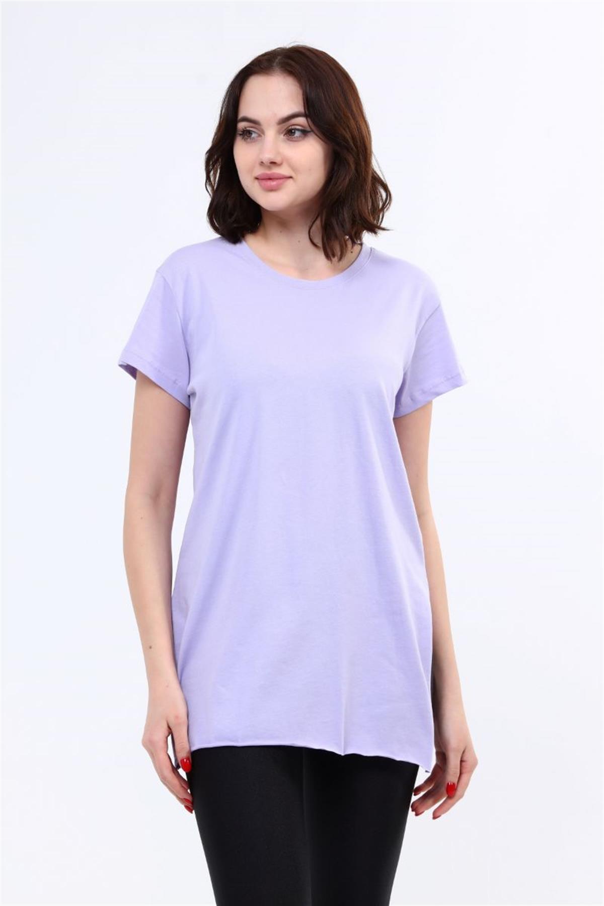 Tshirt Kadın Bisiklet Yaka Yırtmaçlı T-Shirt Lila