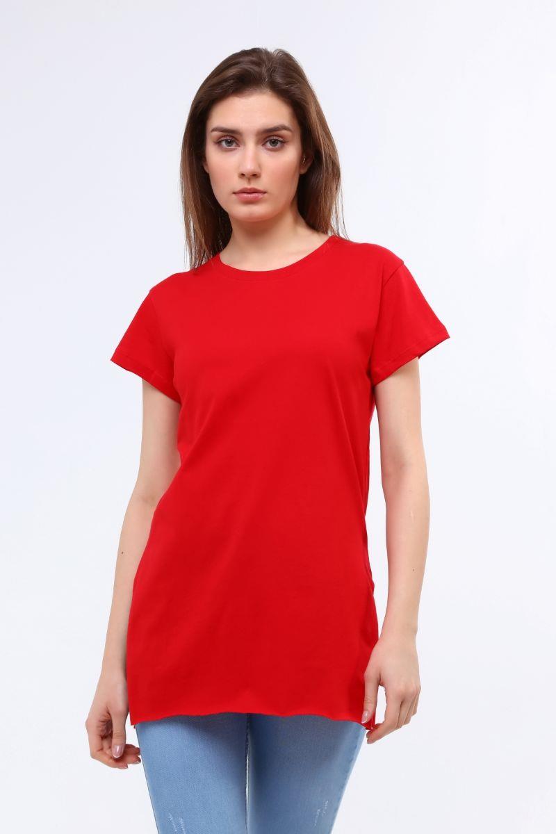 Tshirt Kadın Bisiklet Yaka Yırtmaçlı T-Shirt Kırmızı