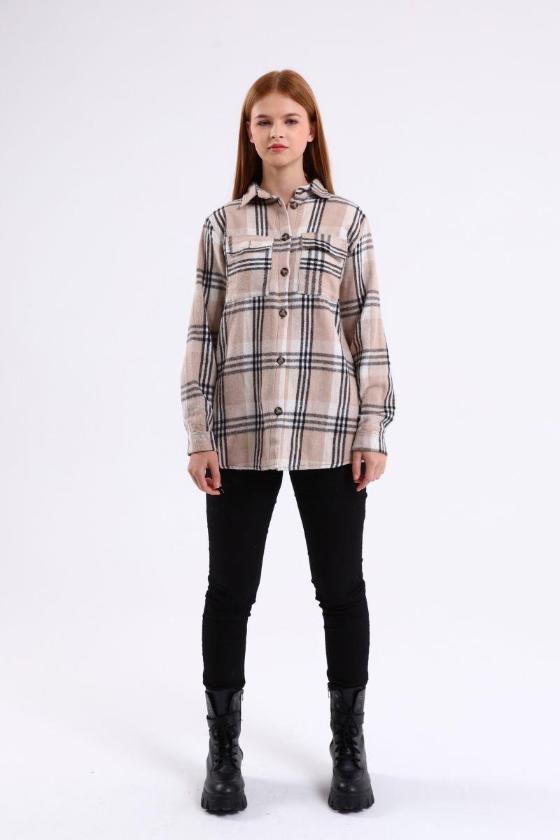 Gömlek Kadın Cepli Oduncu Gömlek Bej