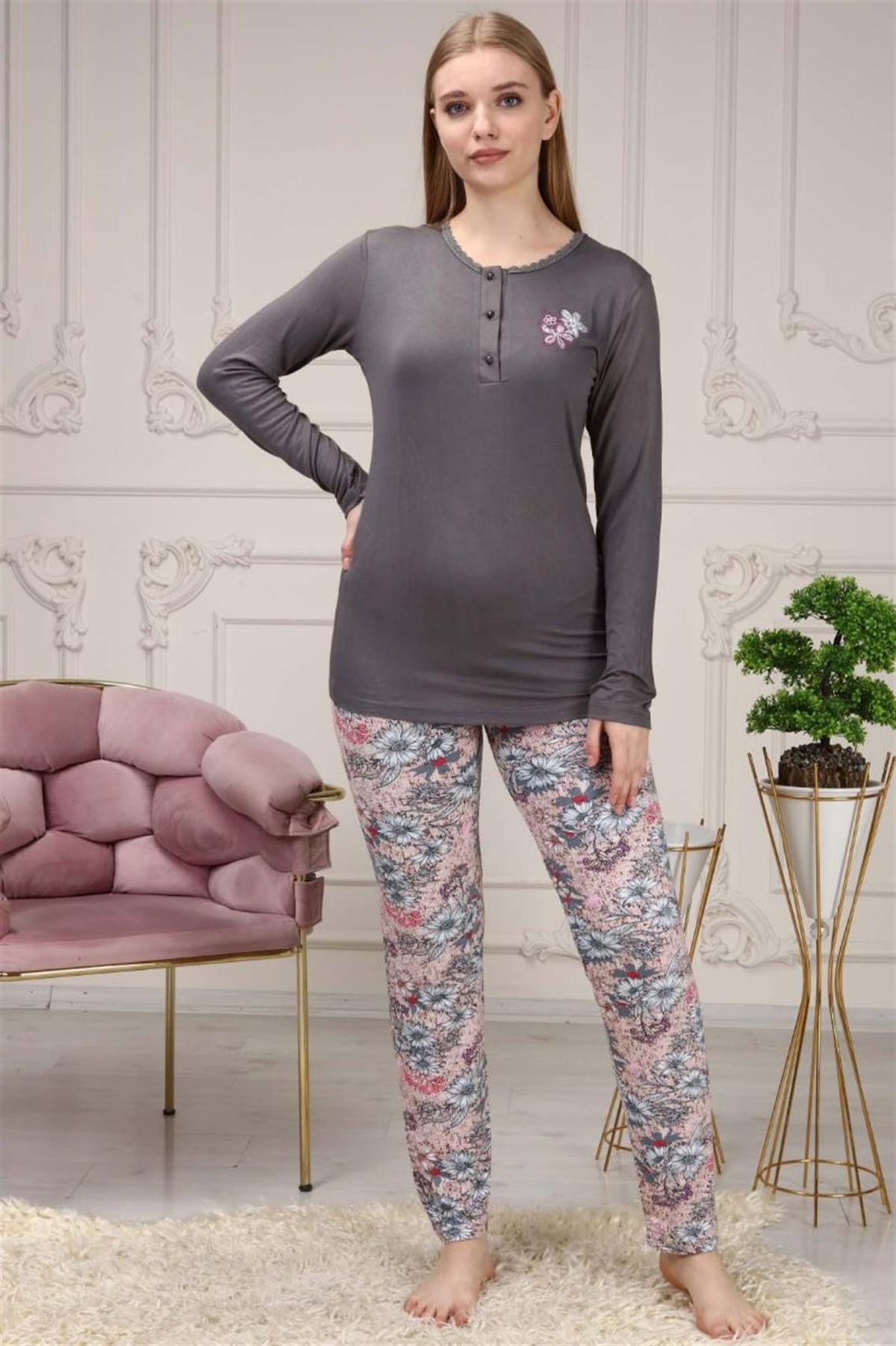 Pijama Takımı Kadın Çiçek Baskılı Üç Düğme Pijama Takımı Gri