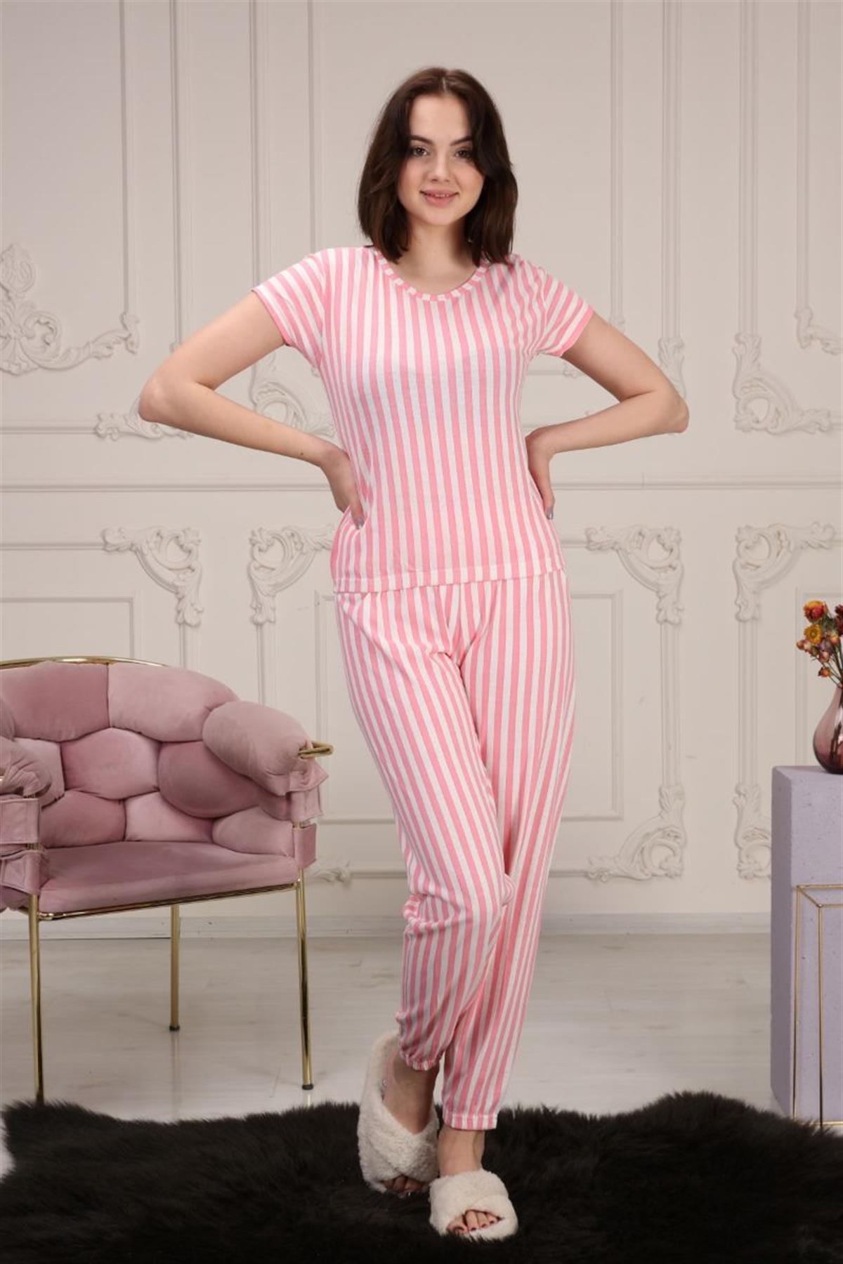 Pijama Takımı Kadın Çizgili Beli Lastikli Pijama Takımı Pembe