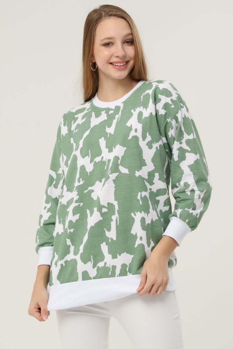 Sweatshirt Kadın Desenli Bisiklet Yaka Sweatshirt Yeşil