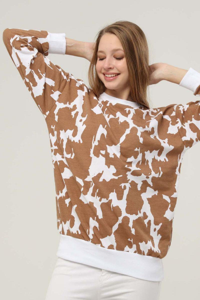 Sweatshirt Kadın Desenli Bisiklet Yaka Sweatshirt Kahverengi