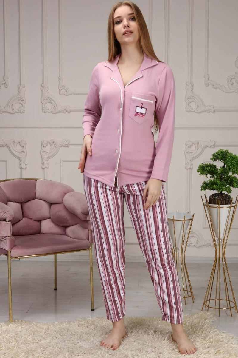 Pijama Takımı Kadın Düğmeli Cepli Maskülen Yaka Pijama Takımı Gül Kurusu