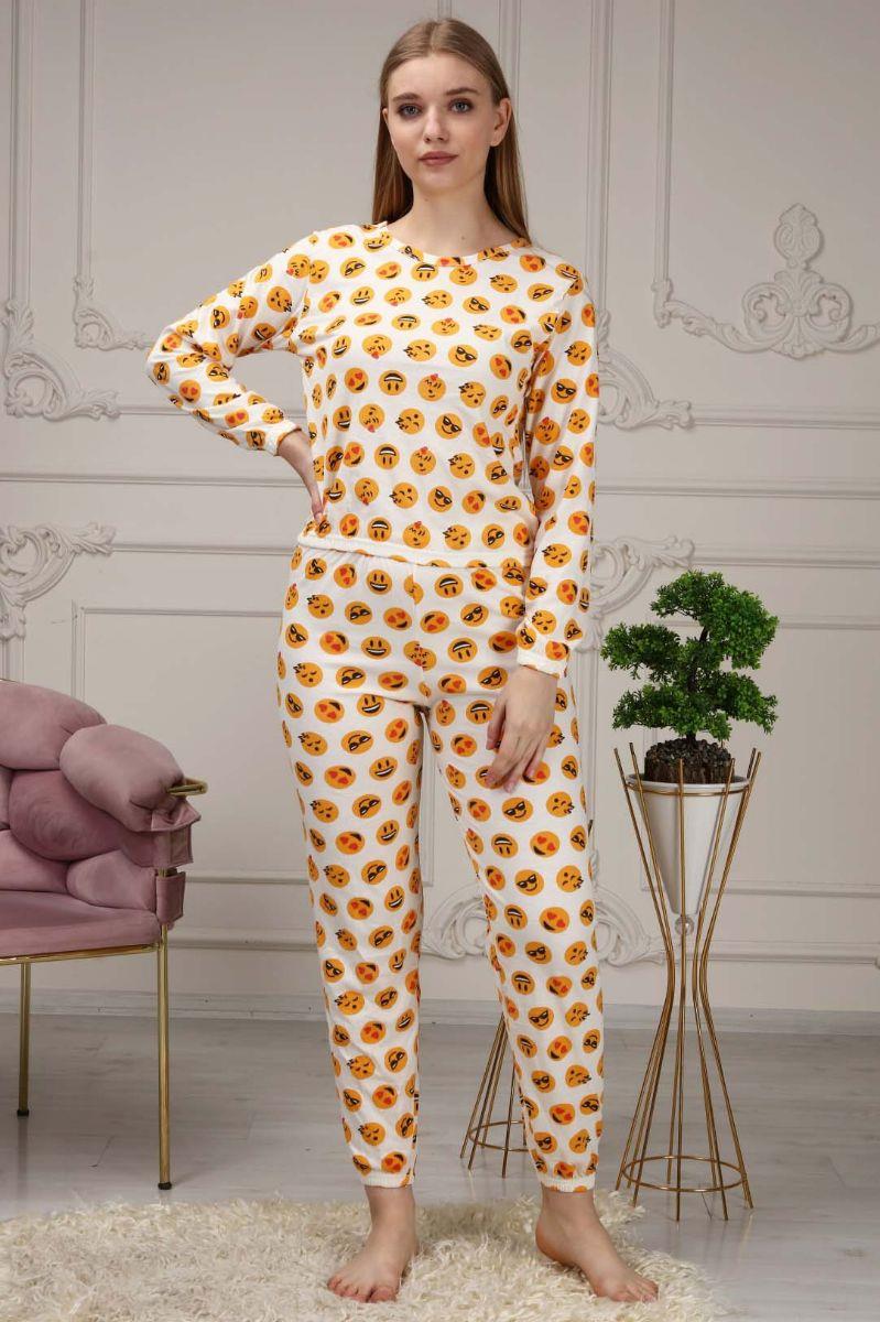 Pijama Takımı Kadın Emoji Baskılı Pamuklu Pijama Takımı Sarı