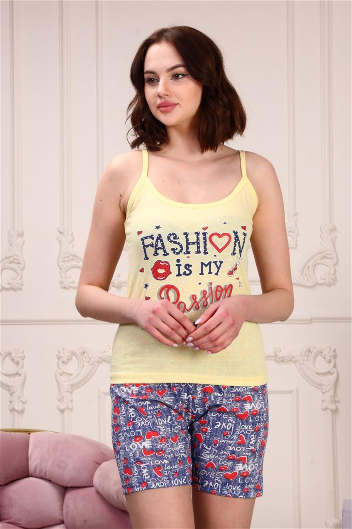 Pijama Takımı Kadın Fashion Baskılı Askılı Kısa Şortlu Pijama Takımı Sarı