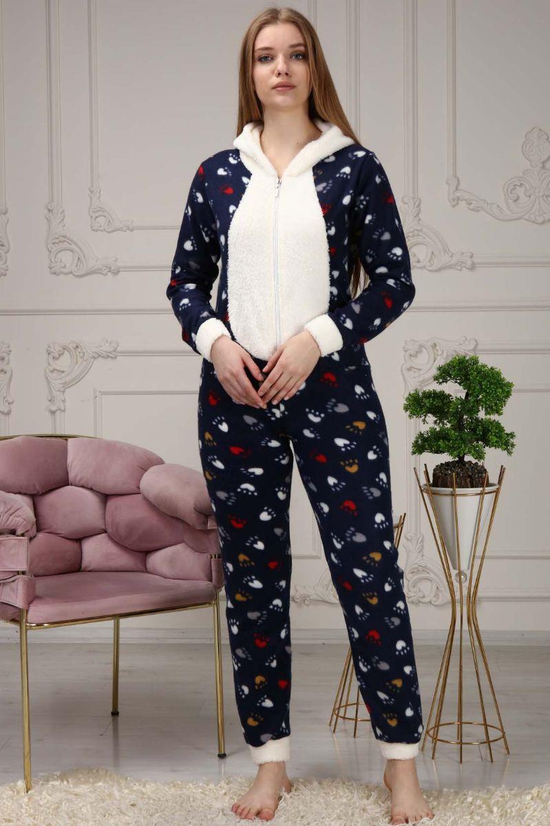 Pijama Takımı Kadın Femuarlı Kapüşonlu Polar Tulum Pijama Takımı Lacivert