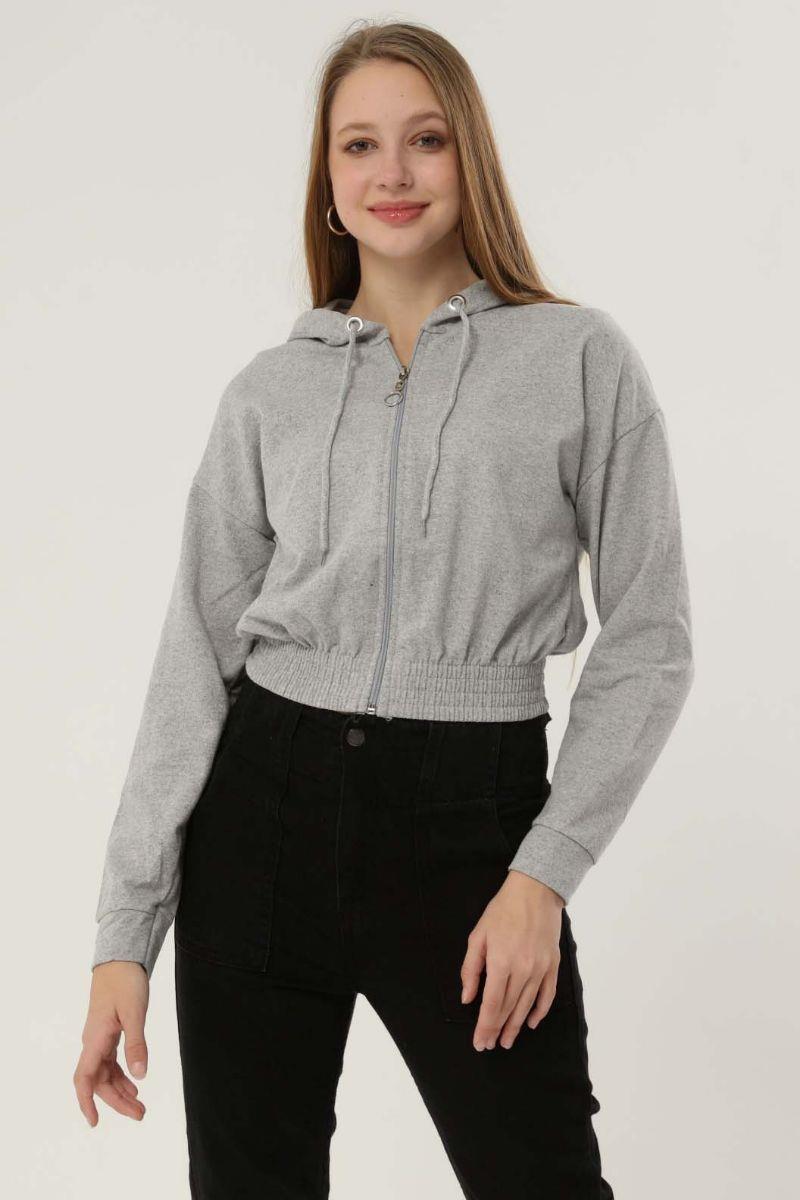 Sweatshirt Kadın Fermuarlı Beli Lastikli Kapüşonlu Sweat Gri