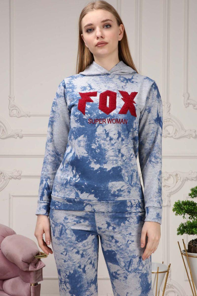 Pijama Takımı Kadın Fox Desenli Kapüşonlu Batik Eşofman Takımı Mavi
