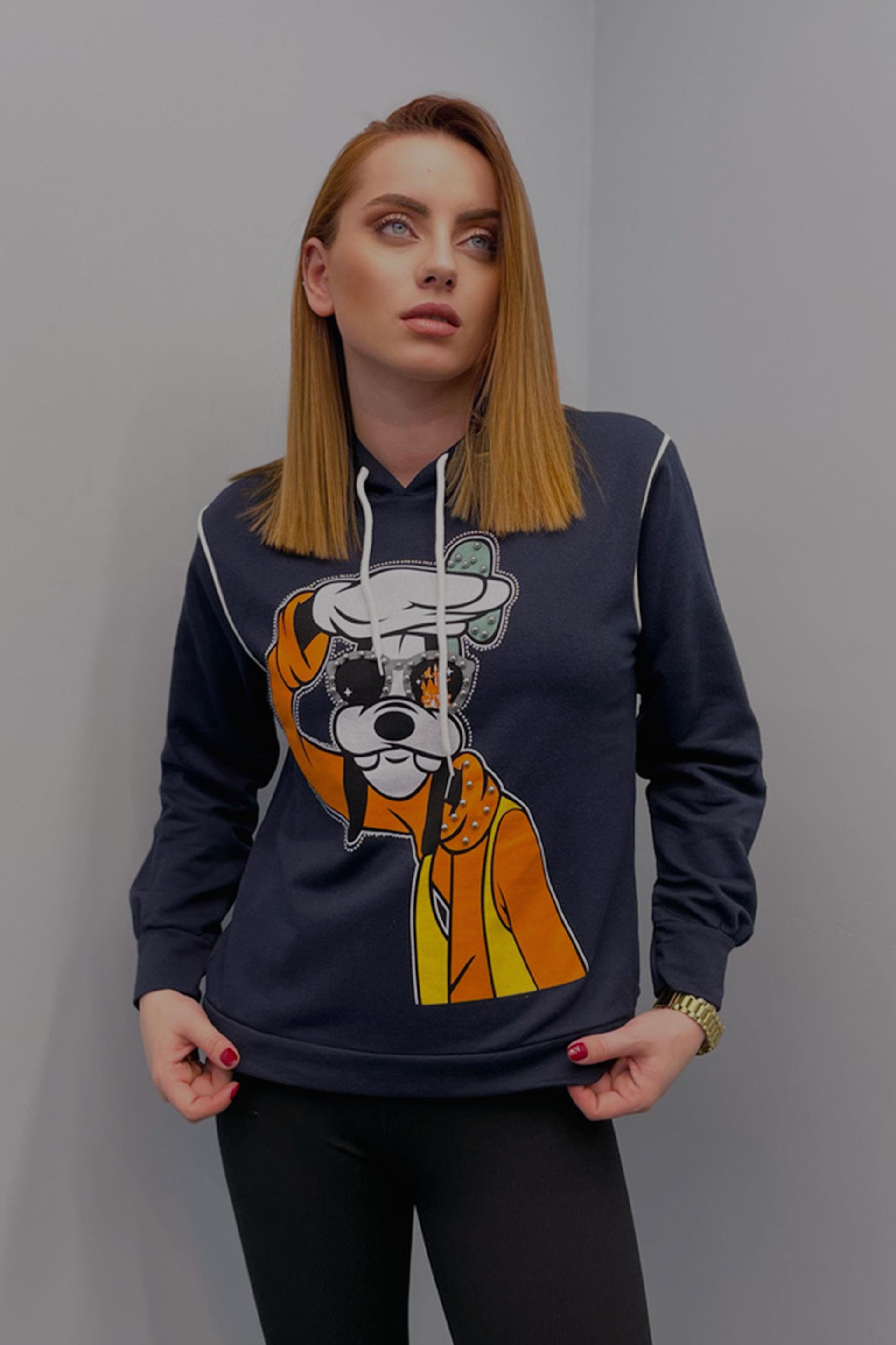 Sweatshirt Kadın Goofy Baskılı Inci Işlemeli Kapüşonlu Sweatshirt Lacivert