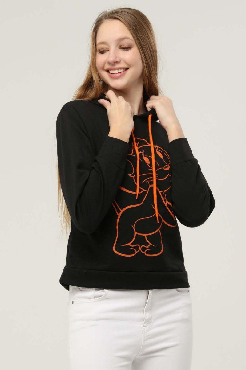 Sweatshirt Kadın Jerry Baskılı Kapüşonlu Sweatshirt Siyah