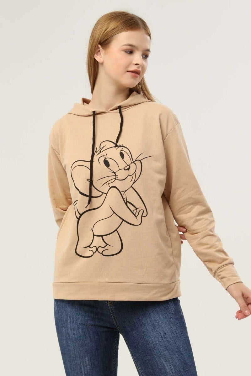 Sweatshirt Kadın Jerry Baskılı Kapüşonlu Sweatshirt Bej