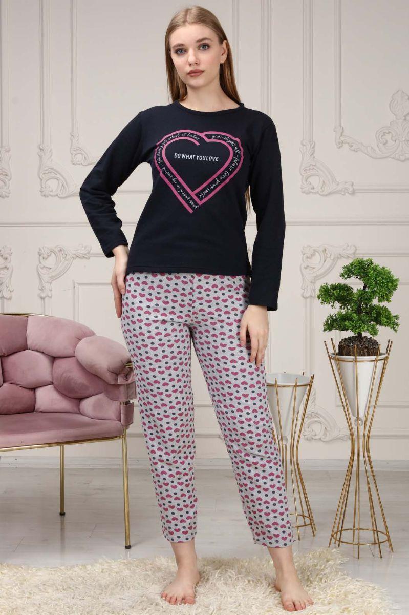Pijama Takımı Kadın Kalp Baskılı Iki Iplik Şardonlu Pijama Takımı Siyah