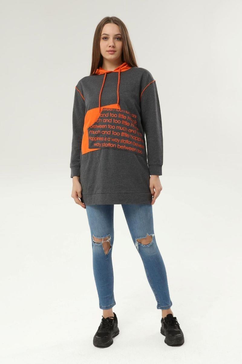 Sweatshirt Kadın Kanguru Cepli Baskılı Kapüşonlu Sweatshirt Gri