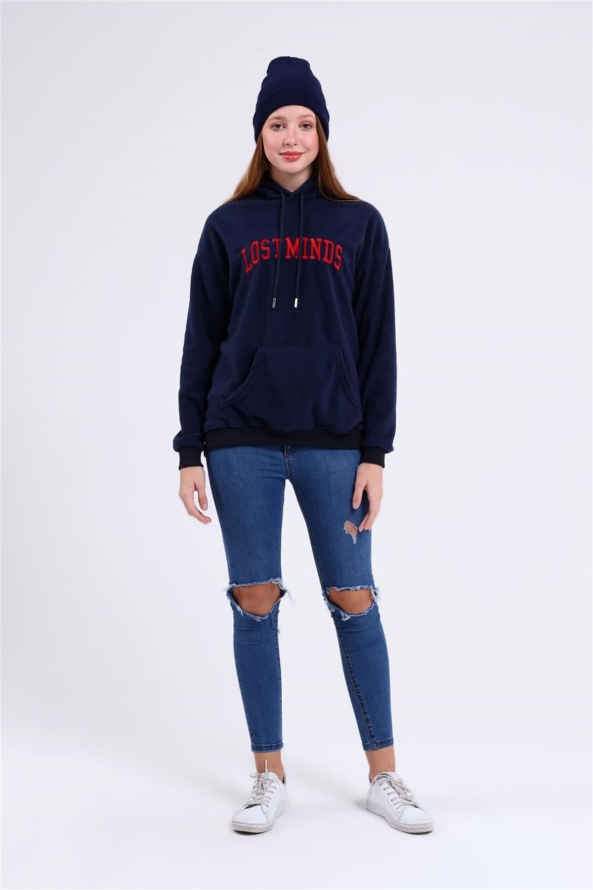Sweatshirt Kadın Kanguru Cepli Kapüşonlu Lostminds Baskılı Sweatshirt Lacivert