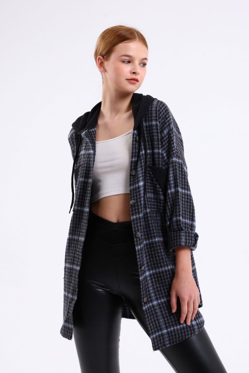 Gömlek Kadın Kapüşonlu Cepli Oduncu Gömlek Antrasit