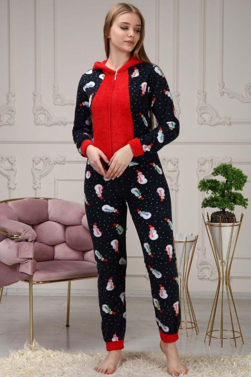 Pijama Takımı Kadın Kardan Adam Desenli Fermuarlı Kapüşonlu Pijama Takımı Lacivert