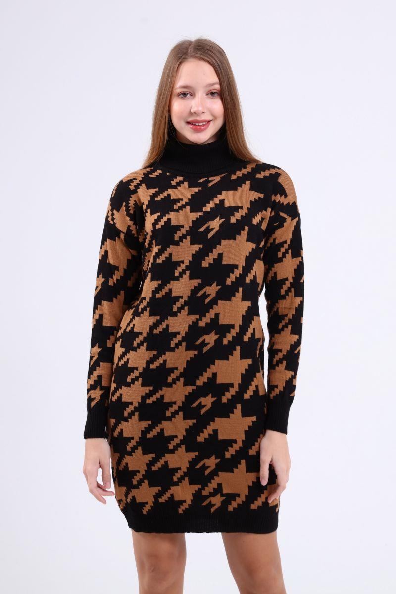 Tunik Kadın Kazayağı Desenli Tunik Elbise Camel