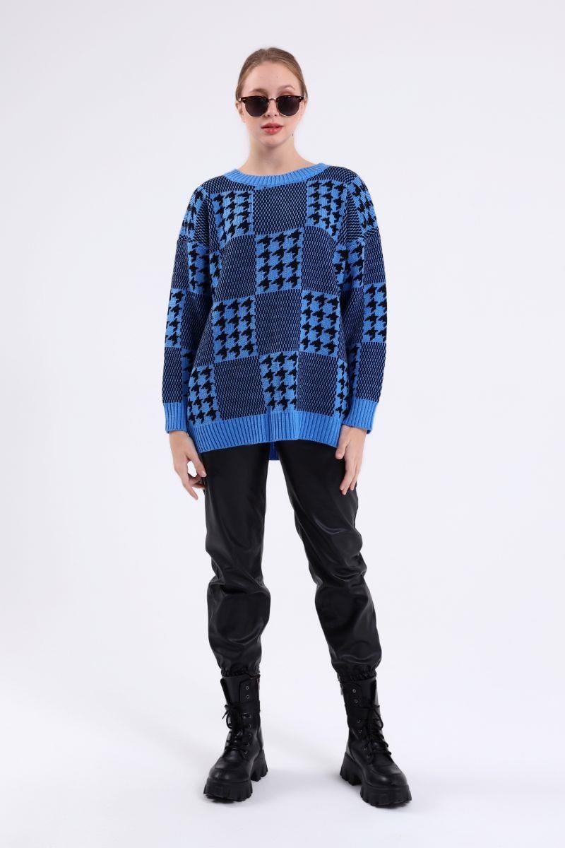 Kazak Kadın Kazayağı Oversize Kazak Mavi