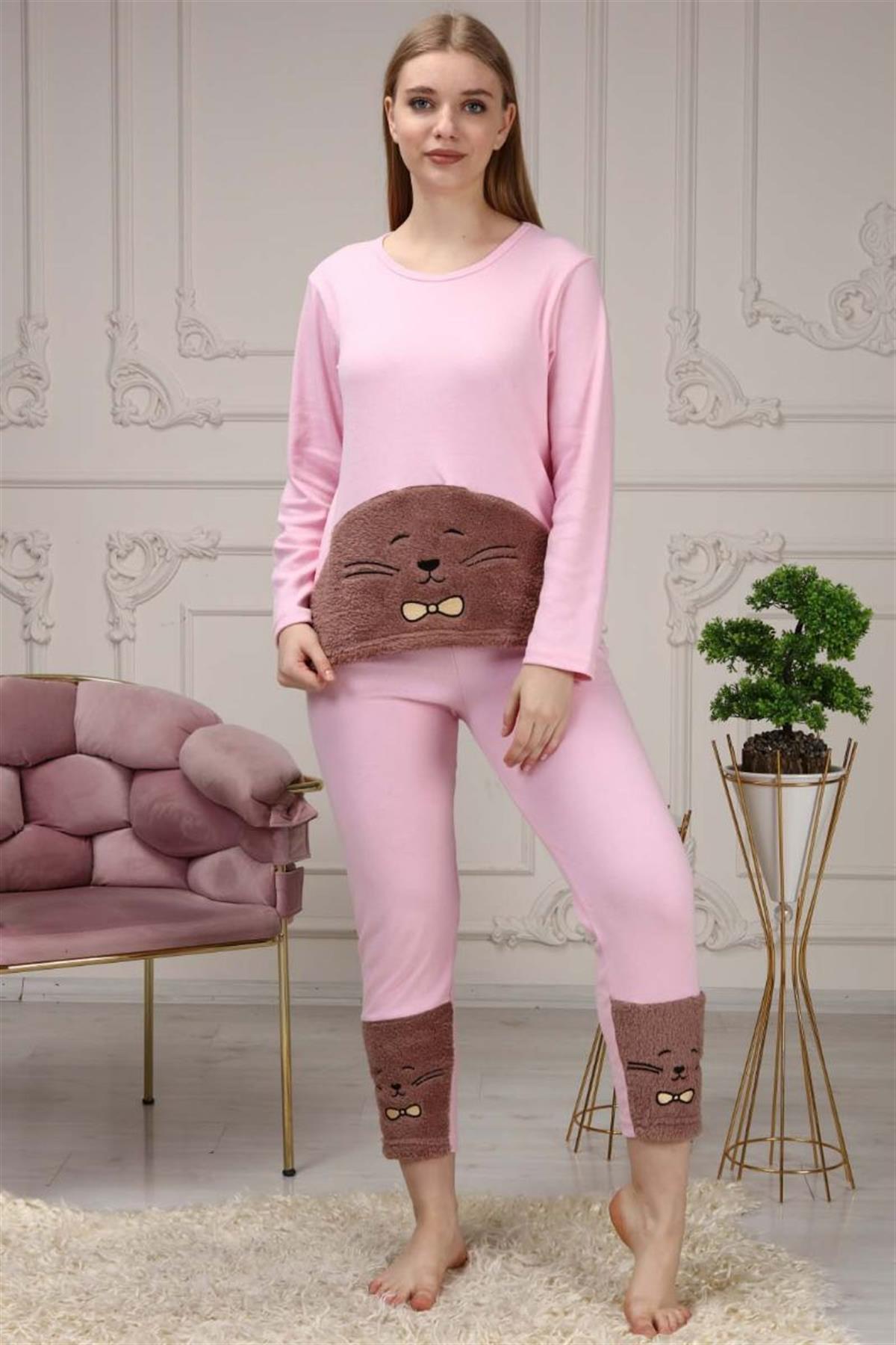 Pijama Takımı Kadın Kedi Nakışlı Polar Pijama Takımı Pembe