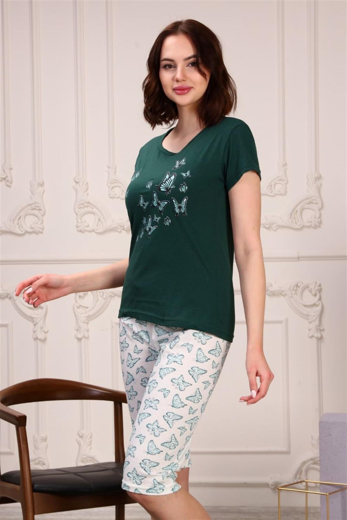 Pijama Takımı Kadın Kelebek Baskılı Kapri Şortlu Pijama Takımı Yeşil
