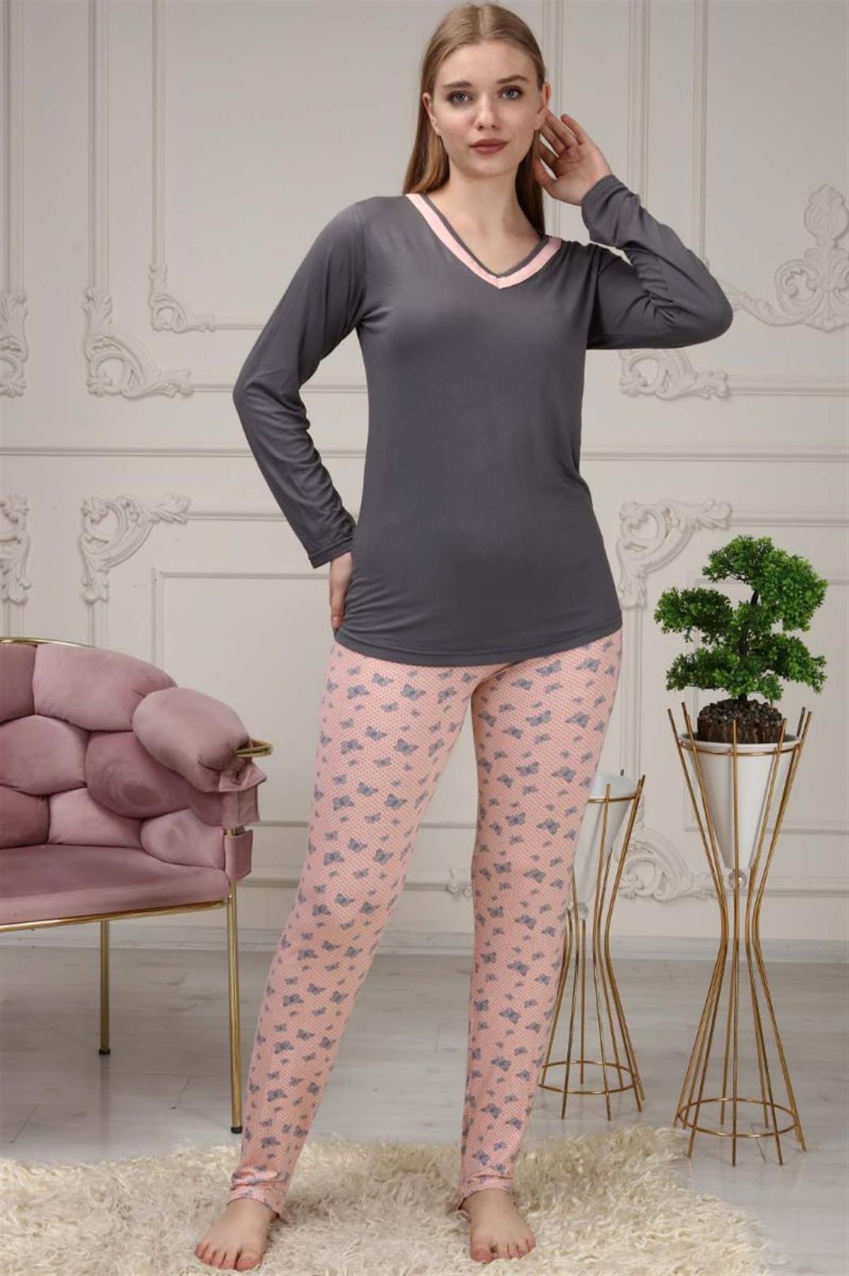 Pijama Takımı Kadın Kelebek Baskılı V Yaka Pijama Takımı Gri