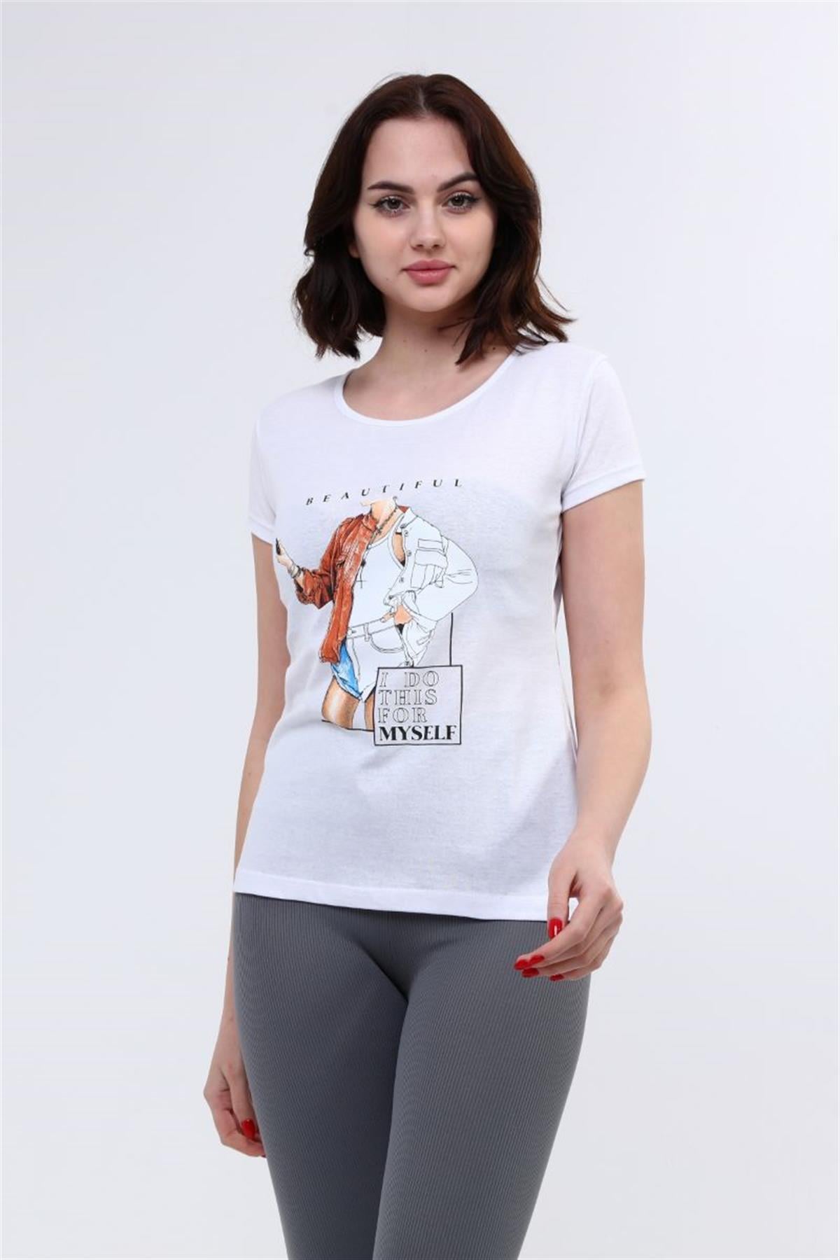 Tshirt Kadın Kız Baskılı T-Shirt Beyaz