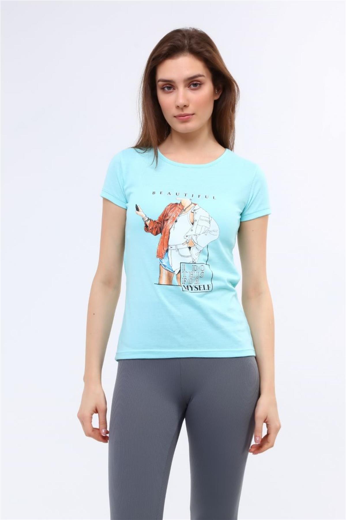 Tshirt Kadın Kız Baskılı T-Shirt Mint Yeşili