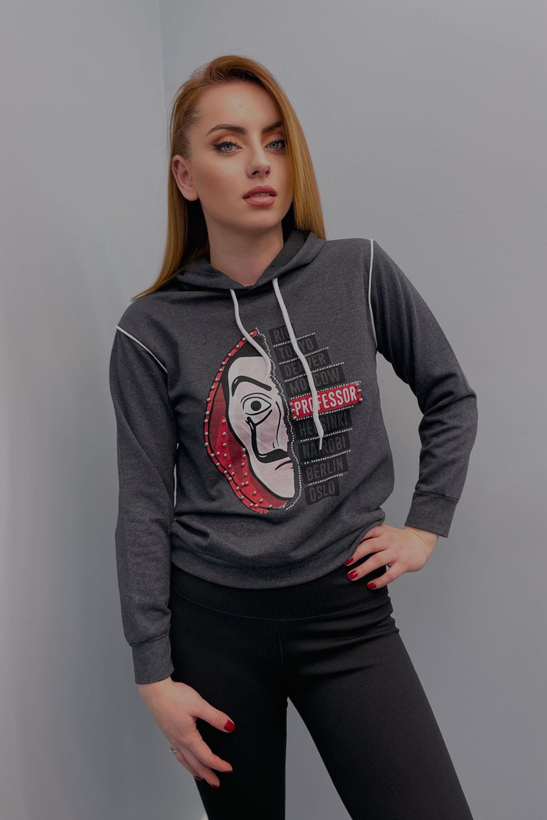Sweatshirt Kadın La Casa De Papel Baskılı Kapüşonlu Sweatshirt Antrasit