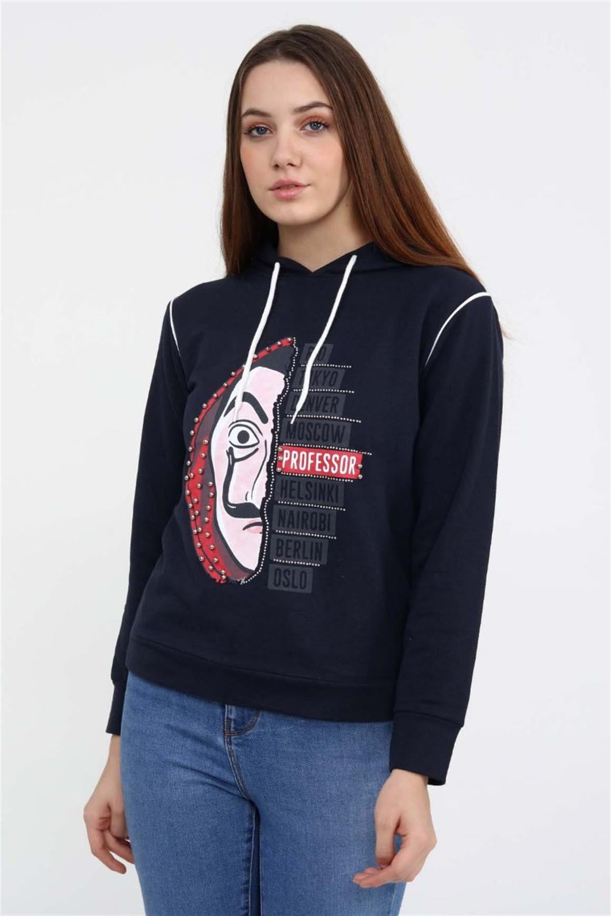 Sweatshirt Kadın La Casa De Papel Baskılı Kapüşonlu Sweatshirt Lacivert