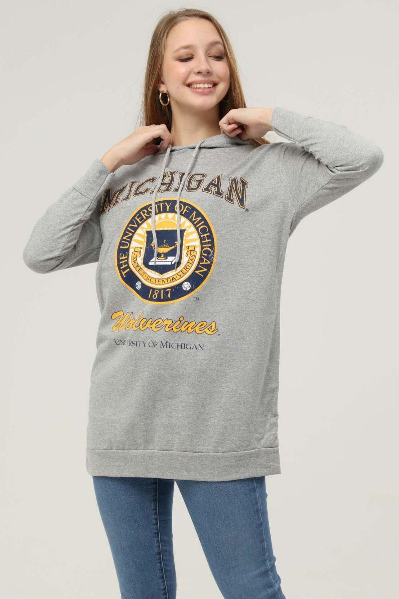 Sweatshirt Kadın Mıchıgan Baskılı Kapüşonlu Sweatshirt Gri