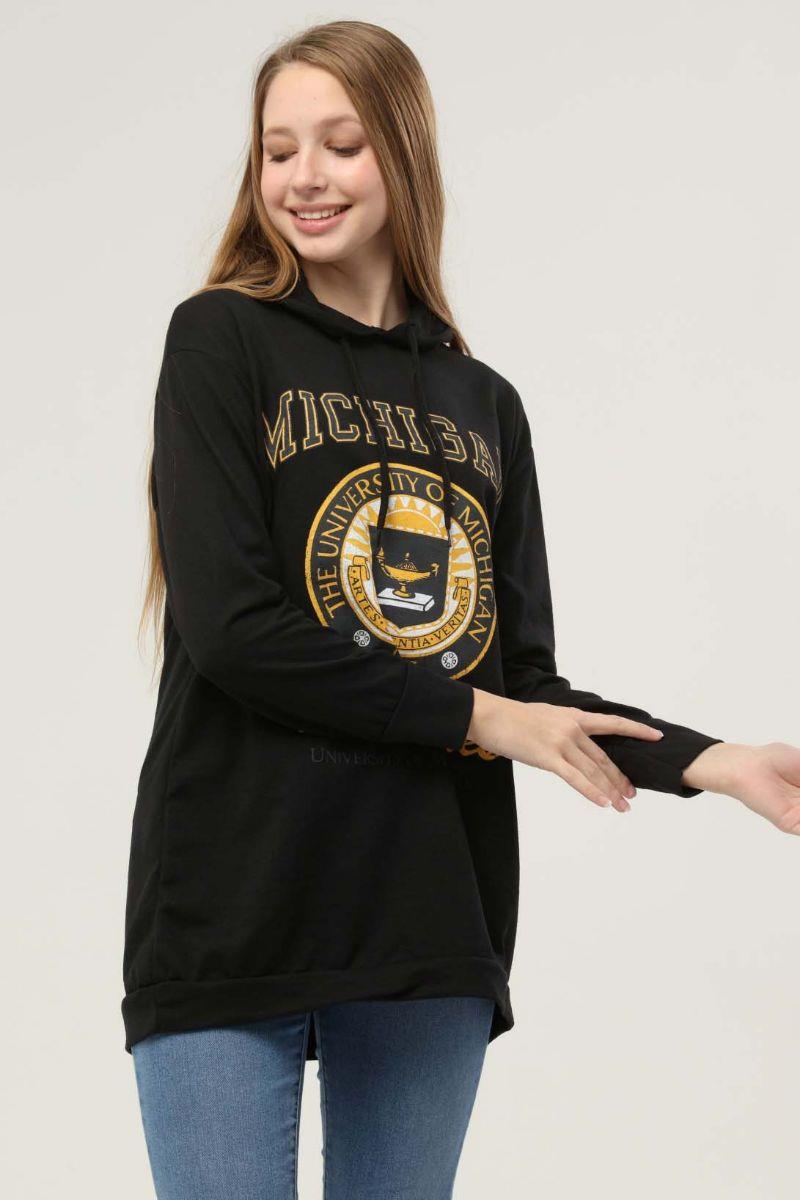 Sweatshirt Kadın Mıchıgan Baskılı Kapüşonlu Sweatshirt Siyah