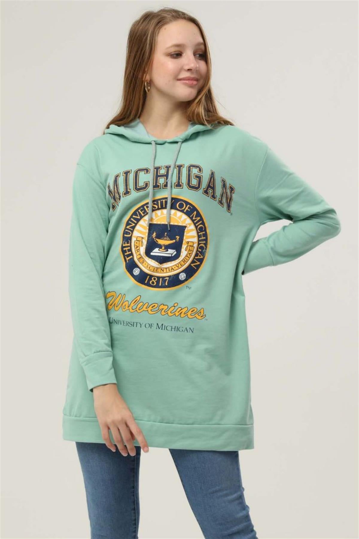 Sweatshirt Kadın Mıchıgan Baskılı Kapüşonlu Sweatshirt Mint Yeşili