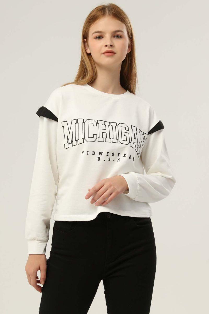 Sweatshirt Kadın Michigon Baskılı Sweatshirt Ekru