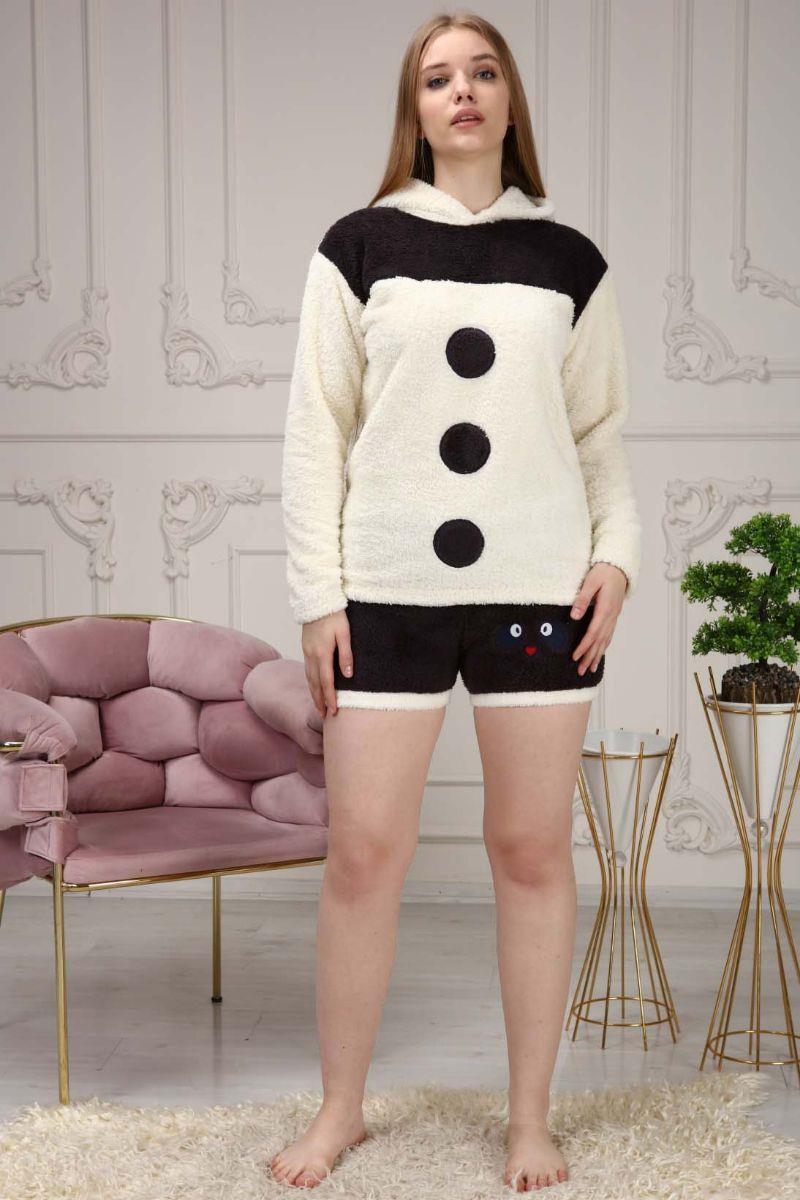 Pijama Takımı Kadın Nakışlı Soft Polar Şortlu Pijama Takımı Beyaz