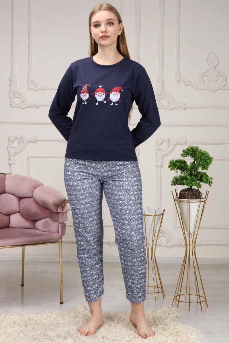 Pijama Takımı Kadın Noel Baskılı Yılbaşı Konsepti Şardonlu Pijama Takımı Lacivert