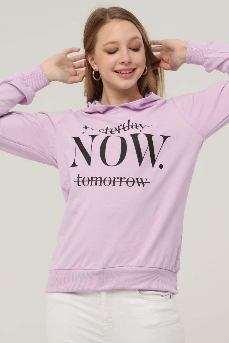 Sweatshirt Kadın Now Baskılı Kapüşonlu Sweatshirt Lila